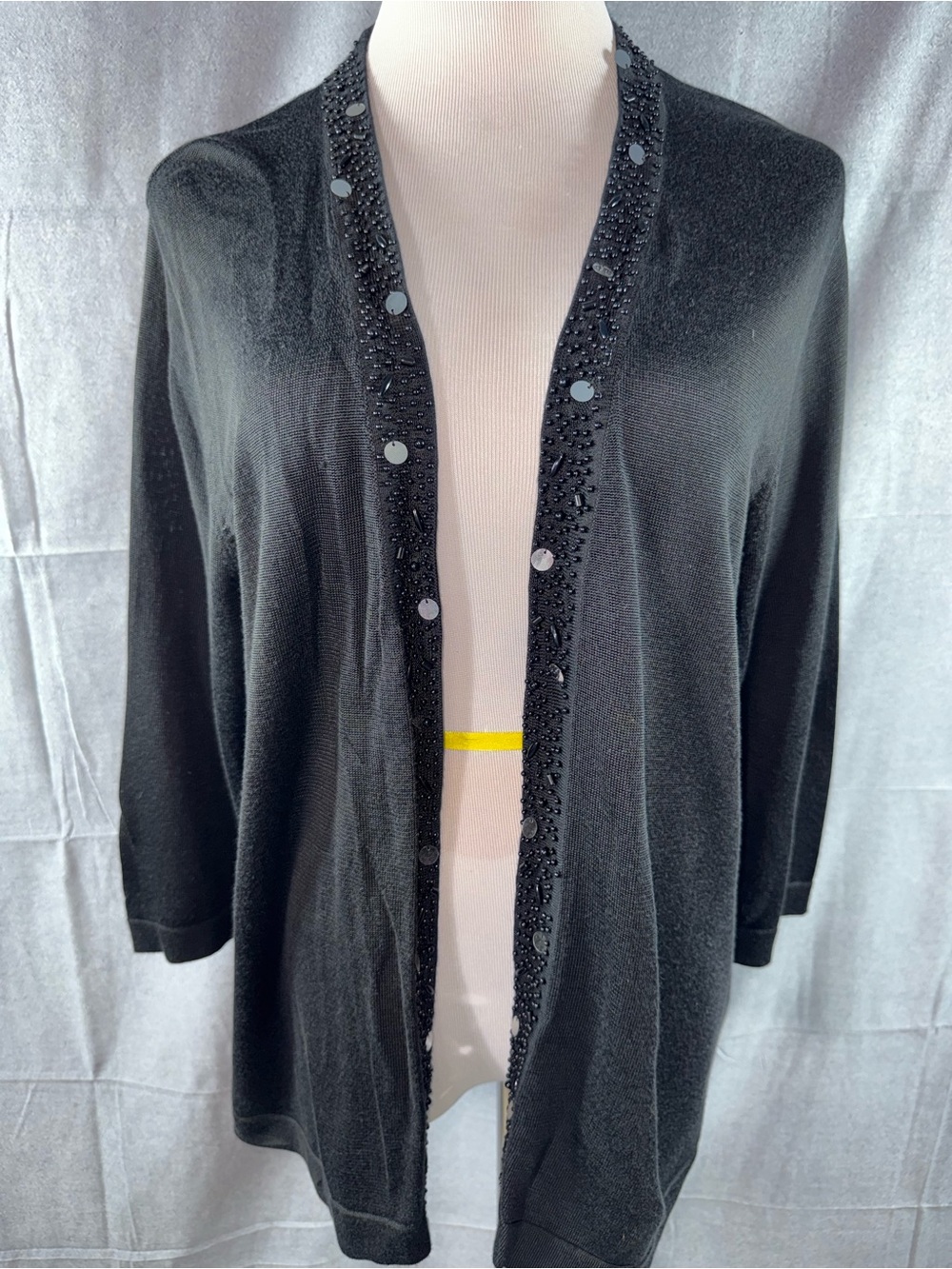 3150-Investments Black Beaded Open-Front Cardigan